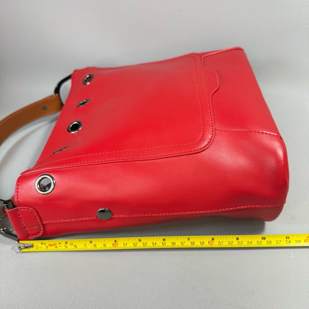 S-ZONE Red All Leather Bucket Tote Bag with Tan Handle and Metal Grommets - Picture 12 of 14